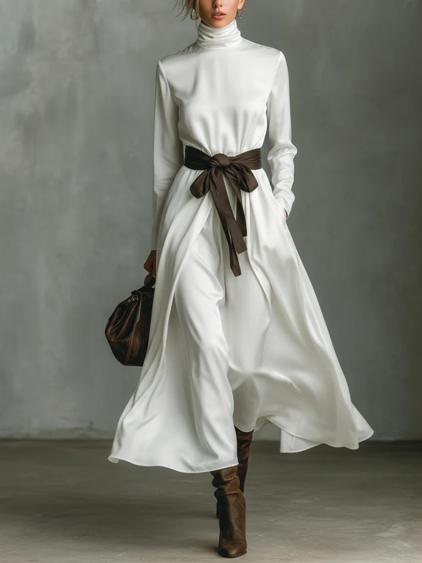 Turtleneck Tie Waist Midi Dress-Nordavory