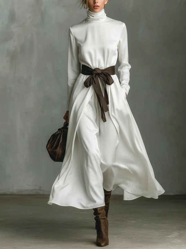 Turtleneck Tie Waist Midi Dress-Nordavory