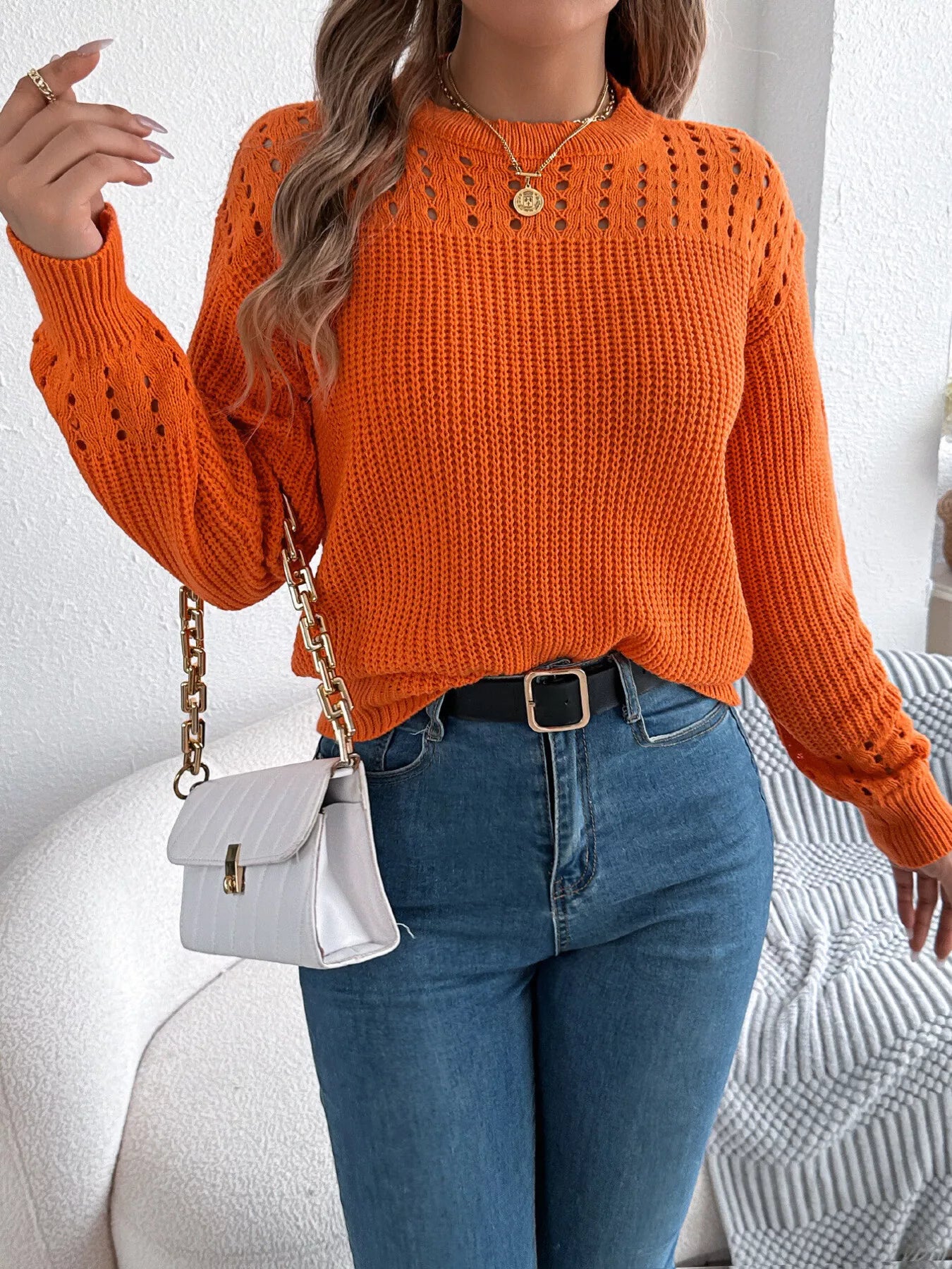Openwork Round Neck Long Sleeve Sweater-Nordavory