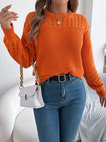Openwork Round Neck Long Sleeve Sweater-Nordavory