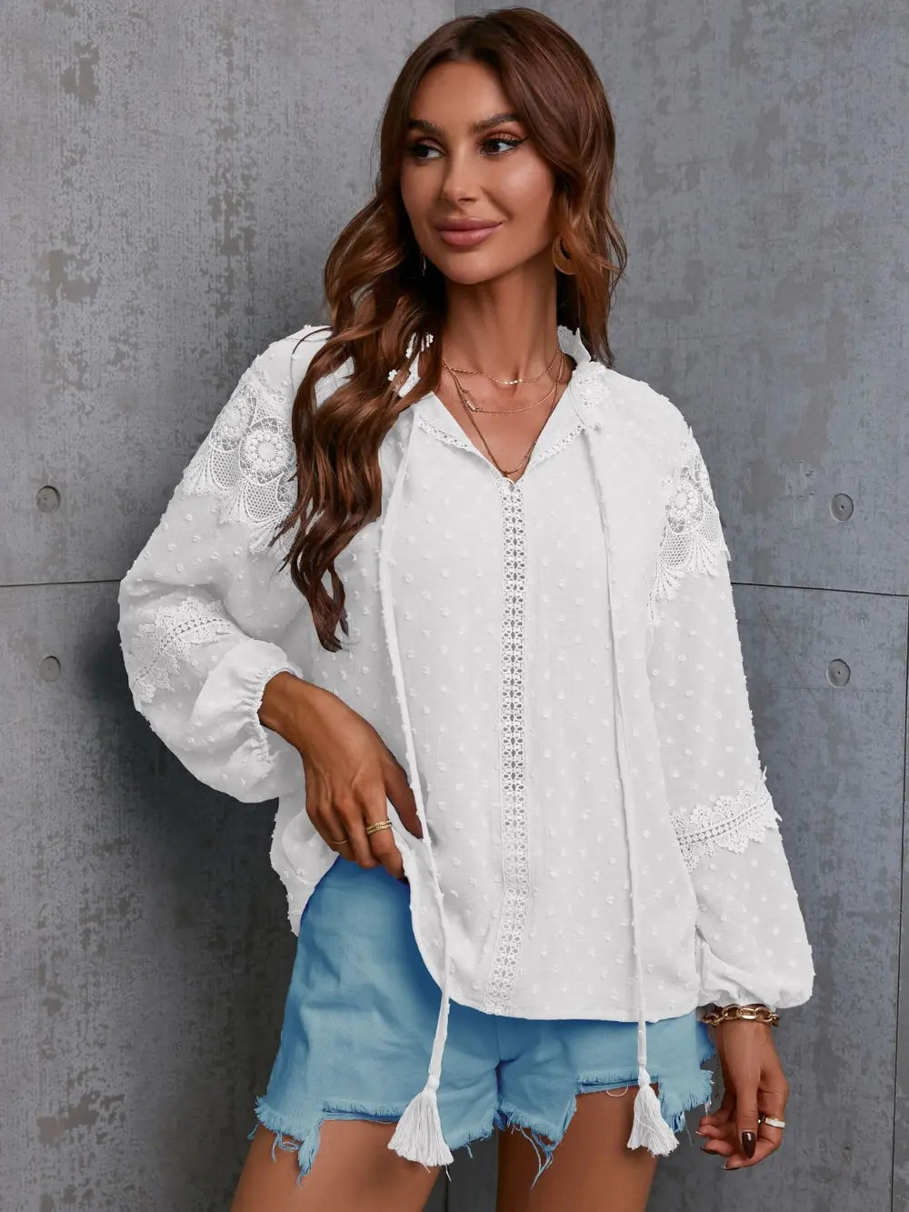 Crochet Tassel Tie Neck Long Sleeve Blouse-Nordavory
