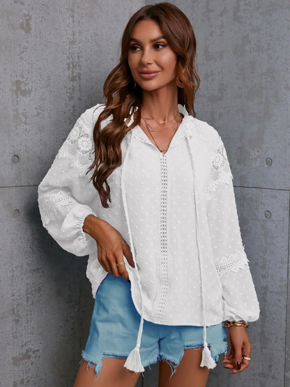 Crochet Tassel Tie Neck Long Sleeve Blouse-Nordavory