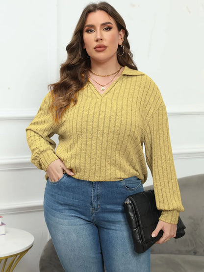 Plus Size Ribbed Collared Neck Long Sleeve Blouse-Nordavory