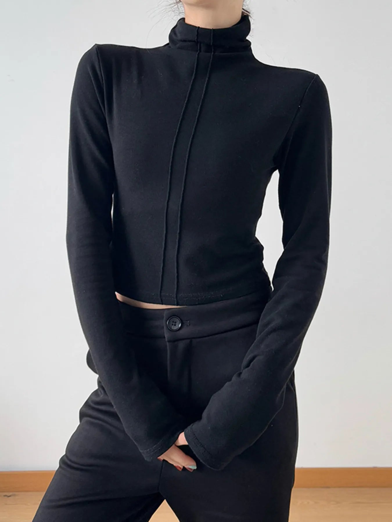 High Neck Long Sleeve Cropped T-Shirt-Nordavory
