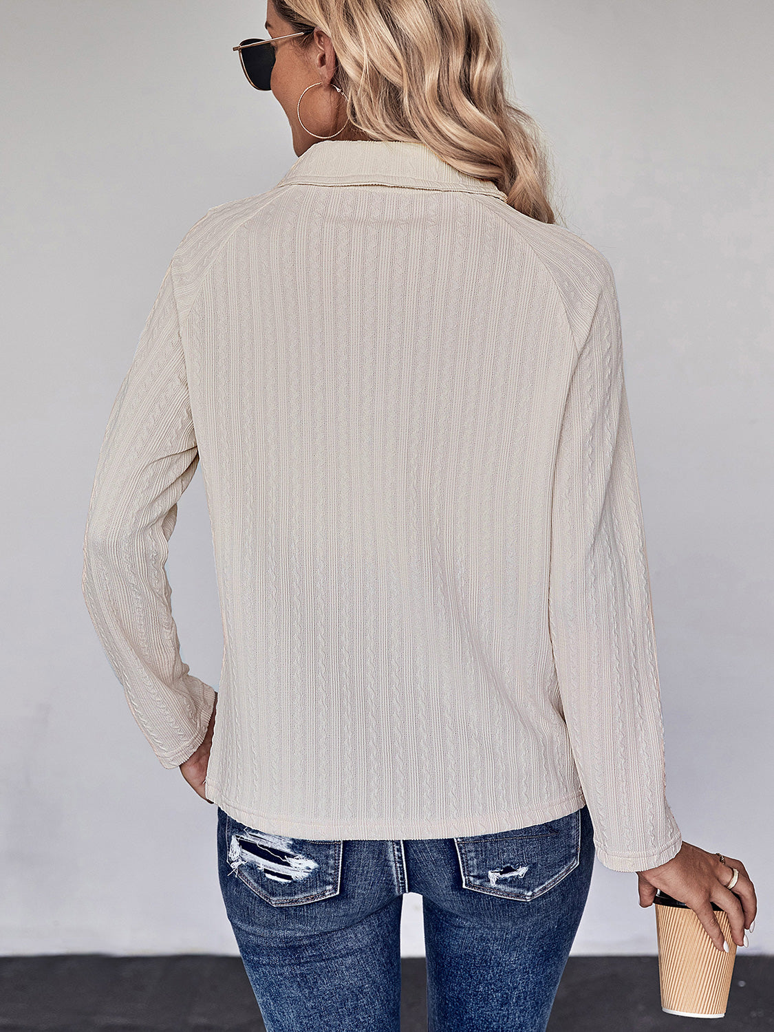 Perfee Collared Neck Buttoned Long Sleeve Top-Nordavory