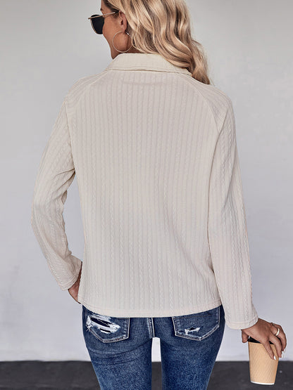 Perfee Collared Neck Buttoned Long Sleeve Top-Nordavory