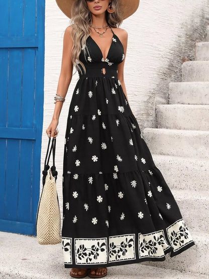 Printed Halter Neck Maxi Dress-Nordavory