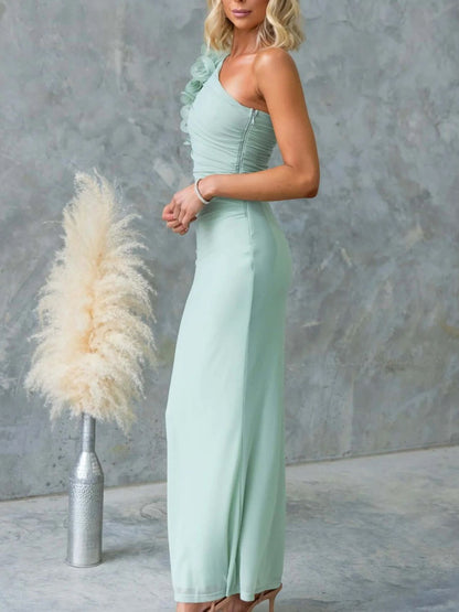 One-Shoulder Floral Trim Sleeveless Maxi Dress-Nordavory