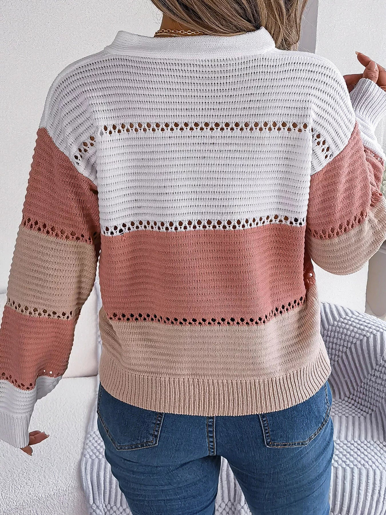 Color Block Striped V-Neck Button Detail Sweater-Nordavory
