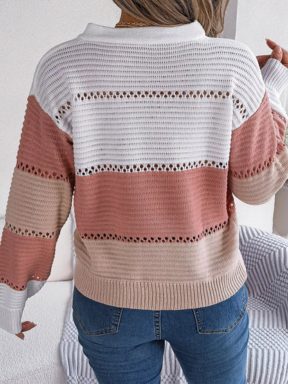 Color Block Striped V-Neck Button Detail Sweater-Nordavory