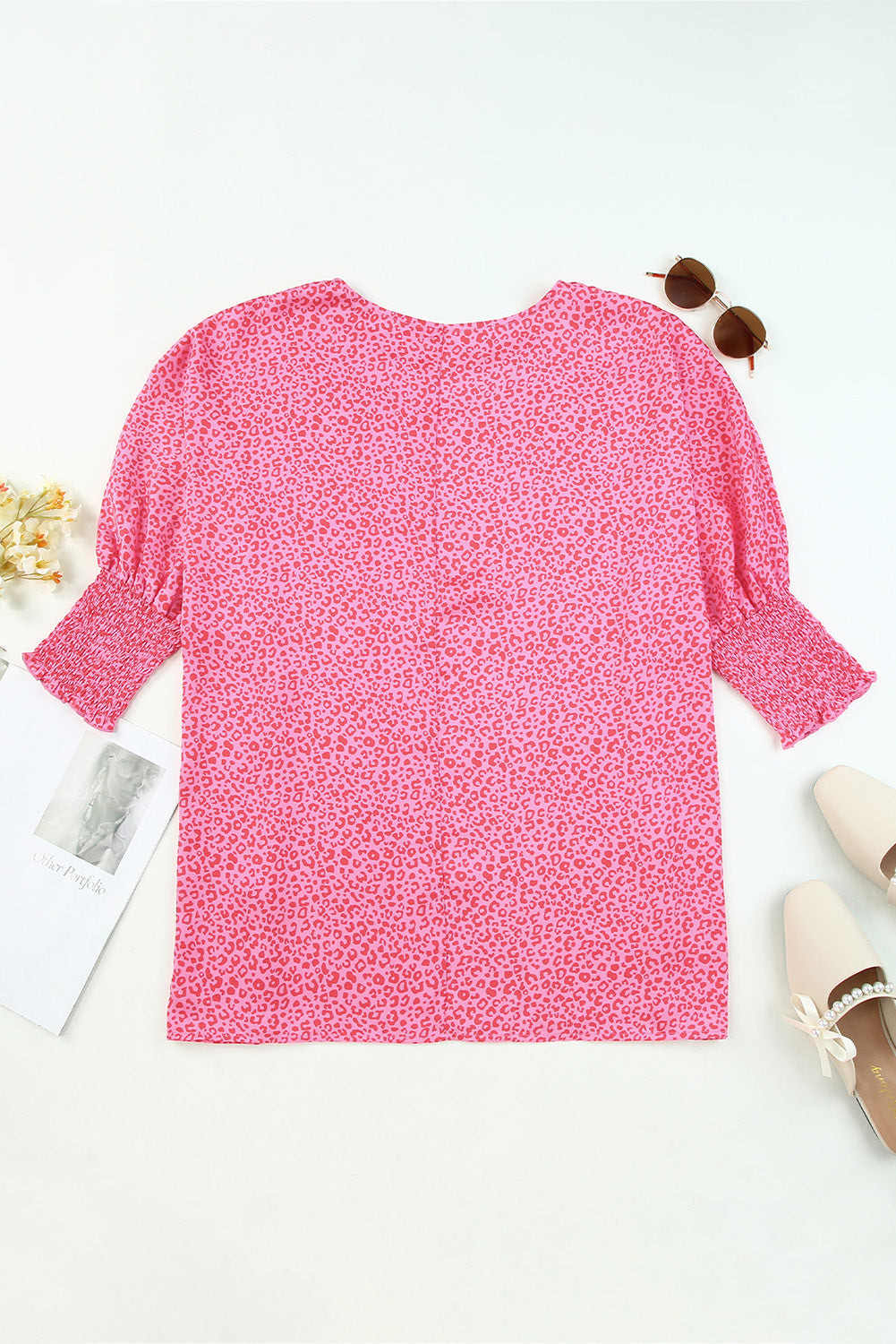 Leopard Smocked Flounce Sleeve Blouse-Nordavory