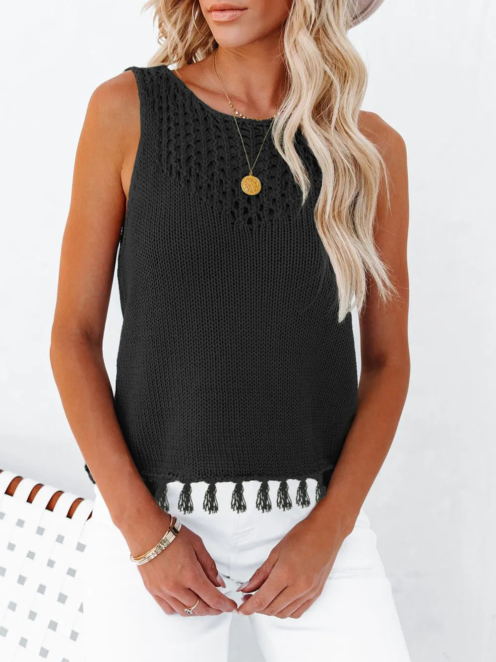 Cutout Tassel Round Neck Tank-Nordavory