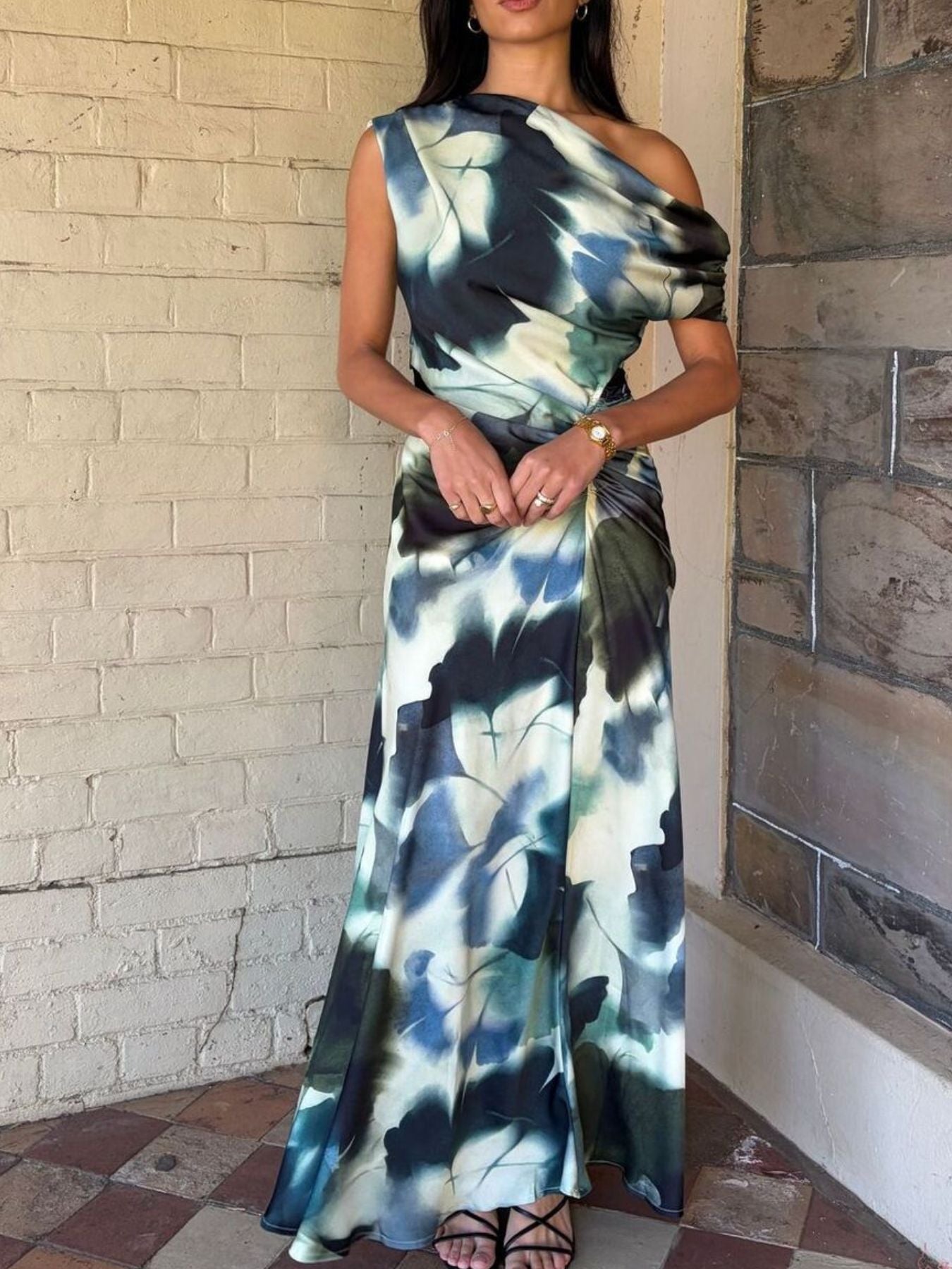 One-Shoulder Floral Print Maxi Dress-Nordavory