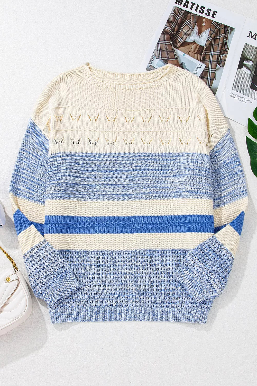 Openwork Striped Knit Long Sleeve Sweater-Nordavory