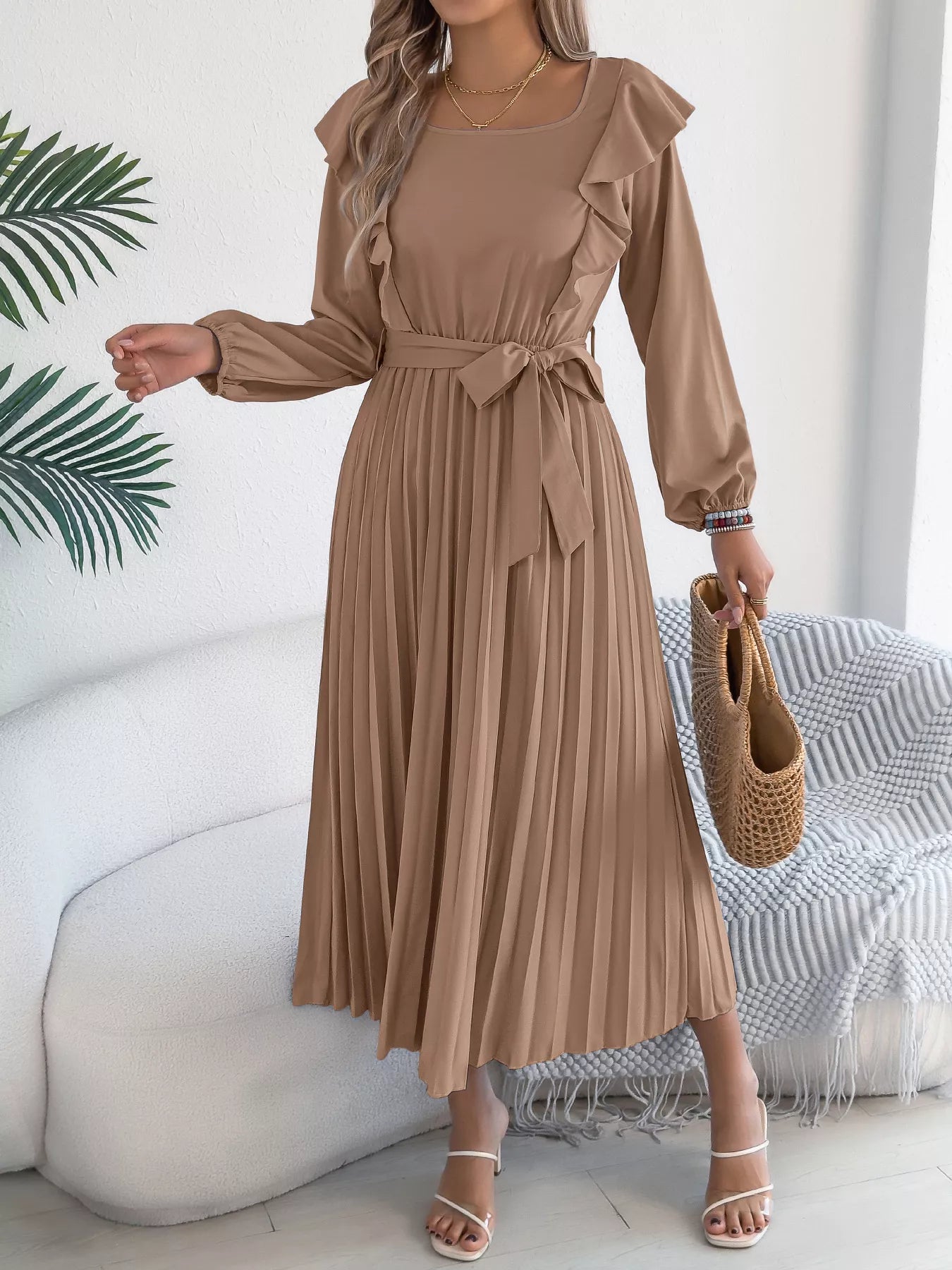 Ruffle Trim Pleated A-Line Midi Dress-Nordavory