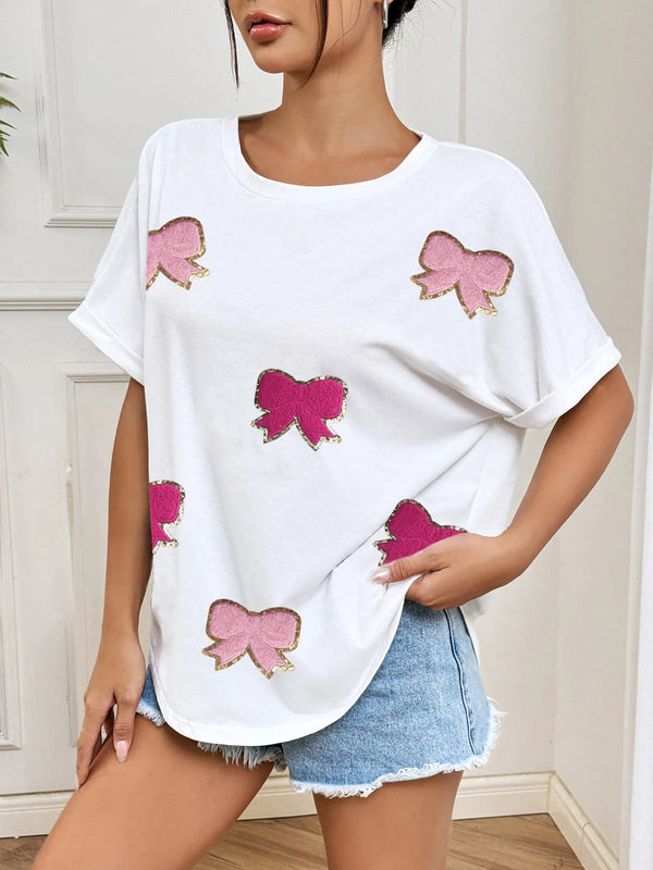 Bow Round Neck Casual T-Shirt-Nordavory