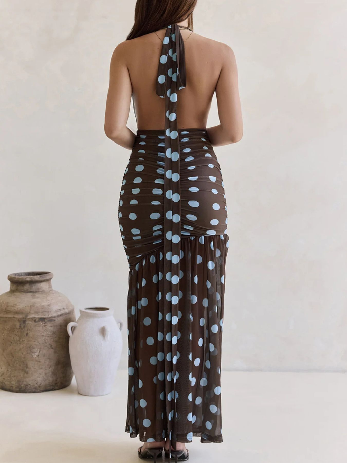 Polka Dot Halter Ruched Maxi Dress-Nordavory