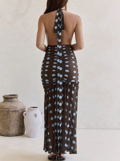 Polka Dot Halter Ruched Maxi Dress-Nordavory