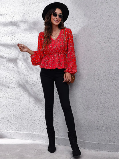 Floral V-Neck Balloon Sleeve Peplum Blouse-Nordavory