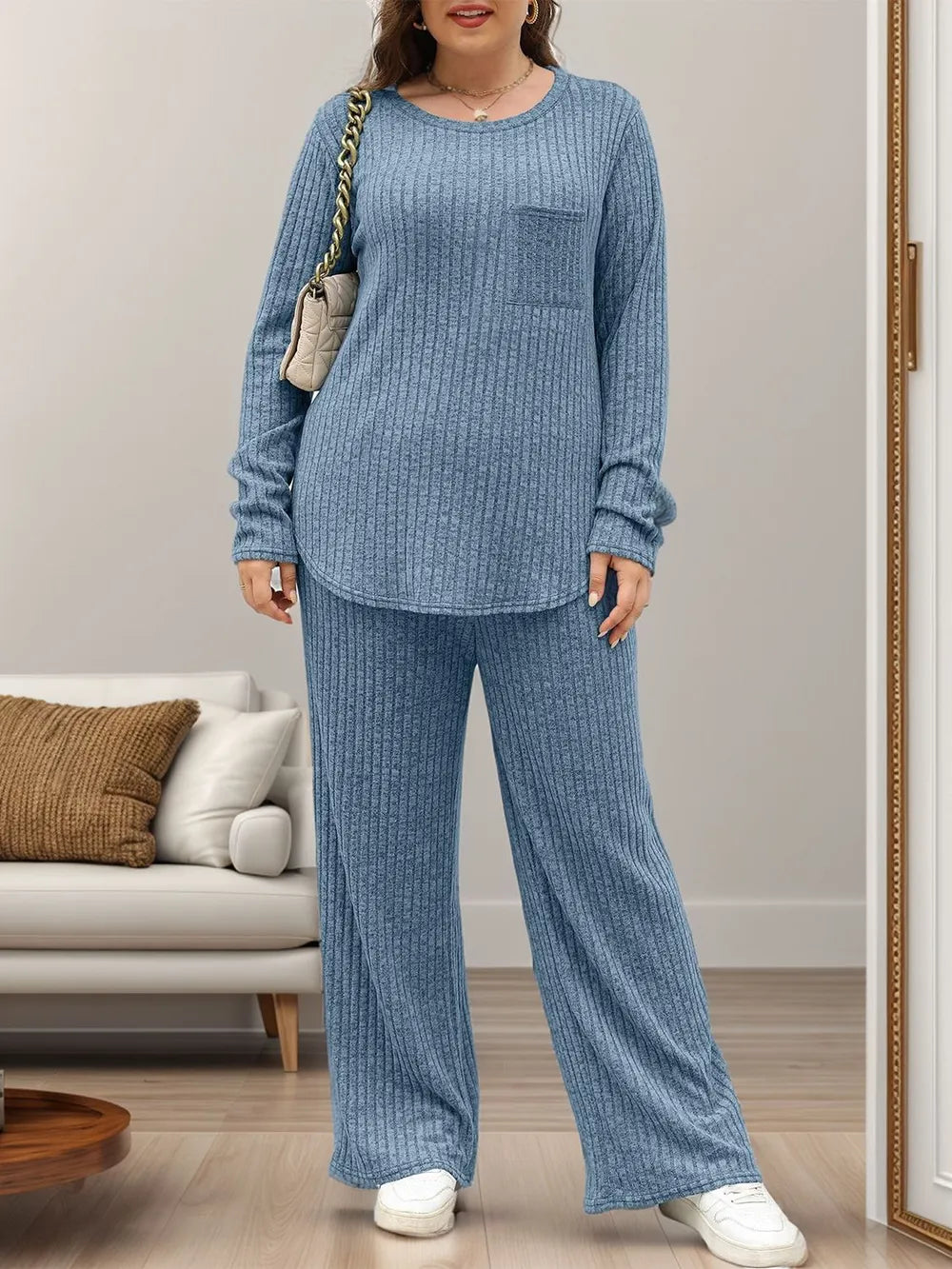 Round Neck Long Sleeve Top and Pants Set-Nordavory