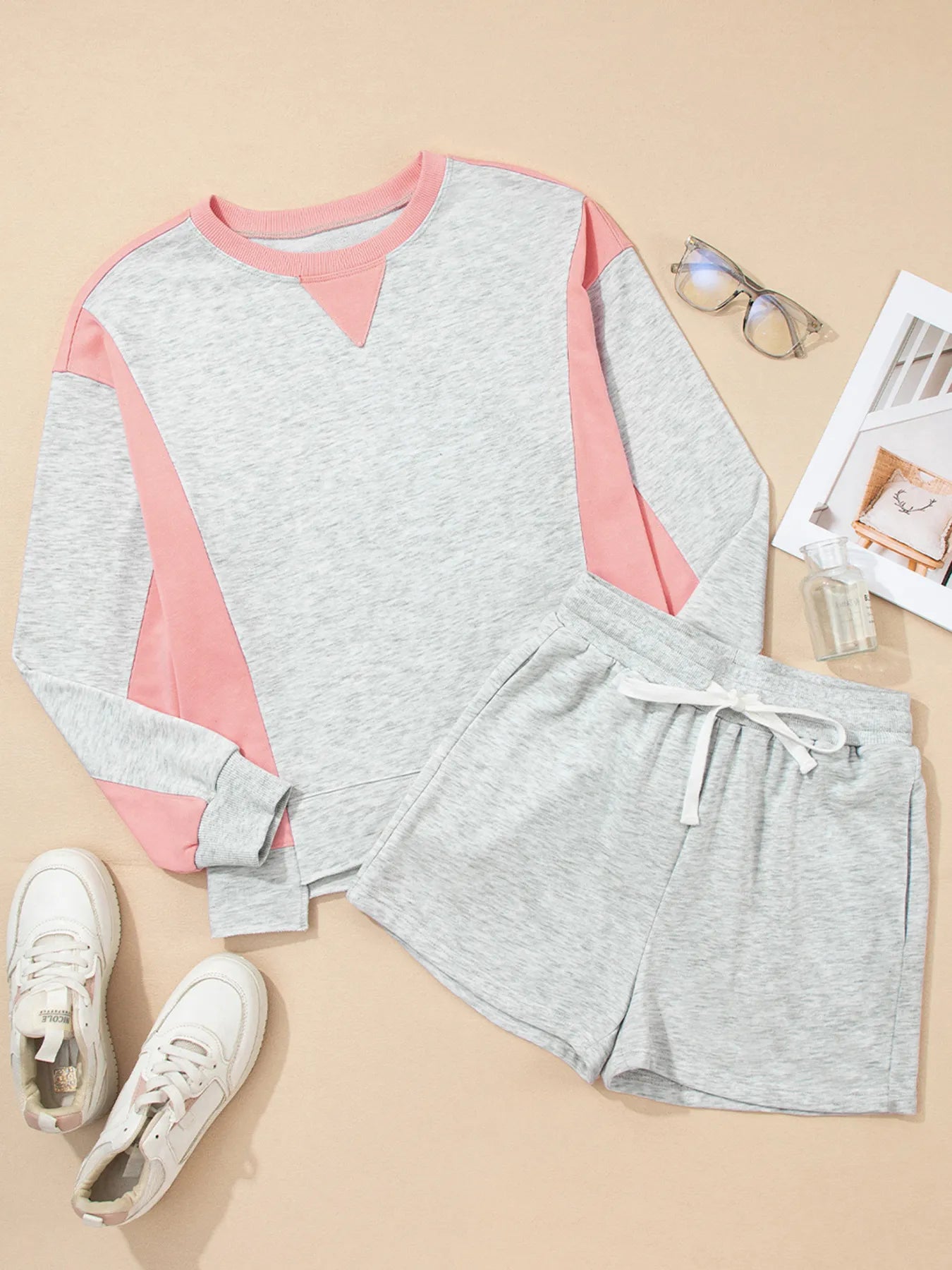 Color Block Long Sleeve Sweatshirt and Shorts Set-Nordavory