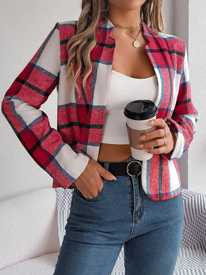 Plaid Open Front Long Sleeve Jacket-Nordavory