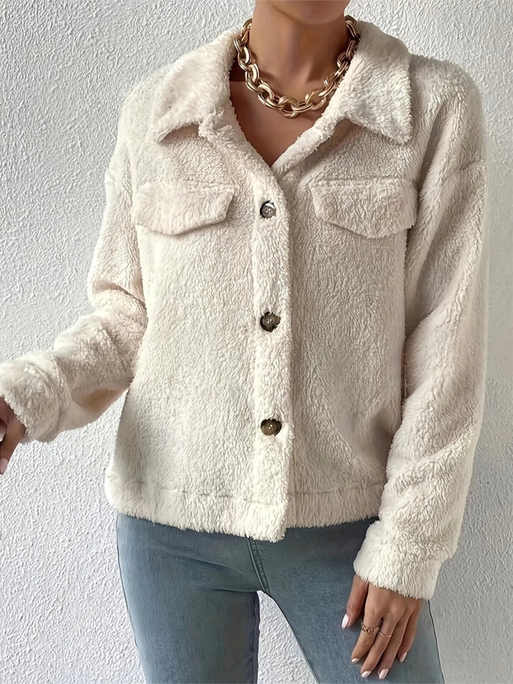 Collared Neck Button Up Jacket with Decorative Pocket Flaps-Nordavory