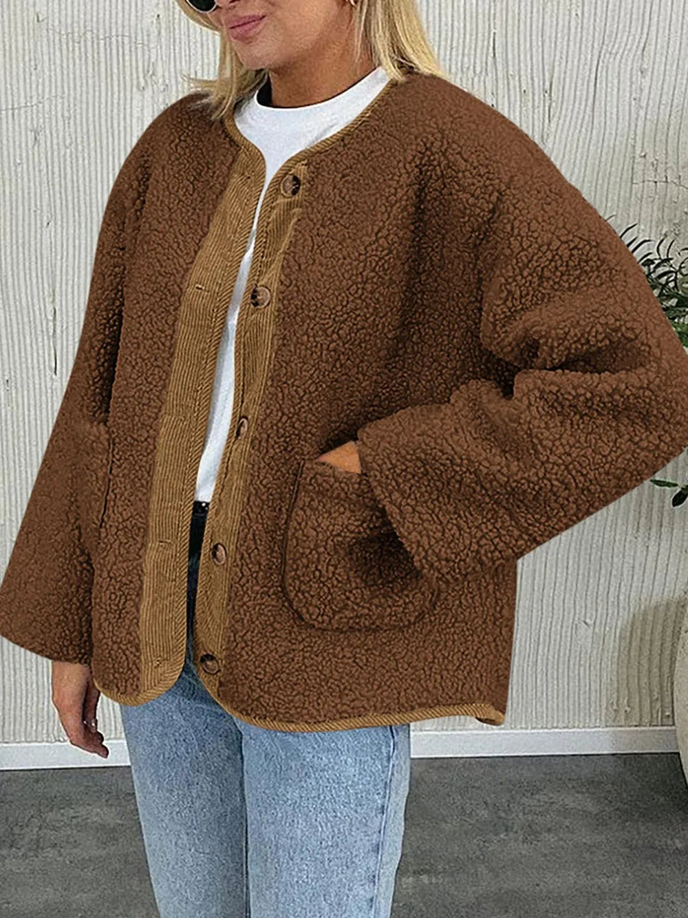 Contrast Button Up Sherpa Jacket with Pockets-Nordavory