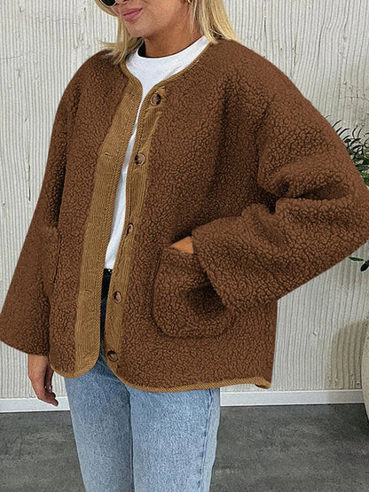Contrast Button Up Sherpa Jacket with Pockets-Nordavory