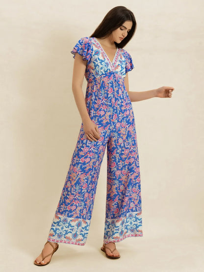 Printed V-Neck Wide Leg Jumpsuit-Nordavory