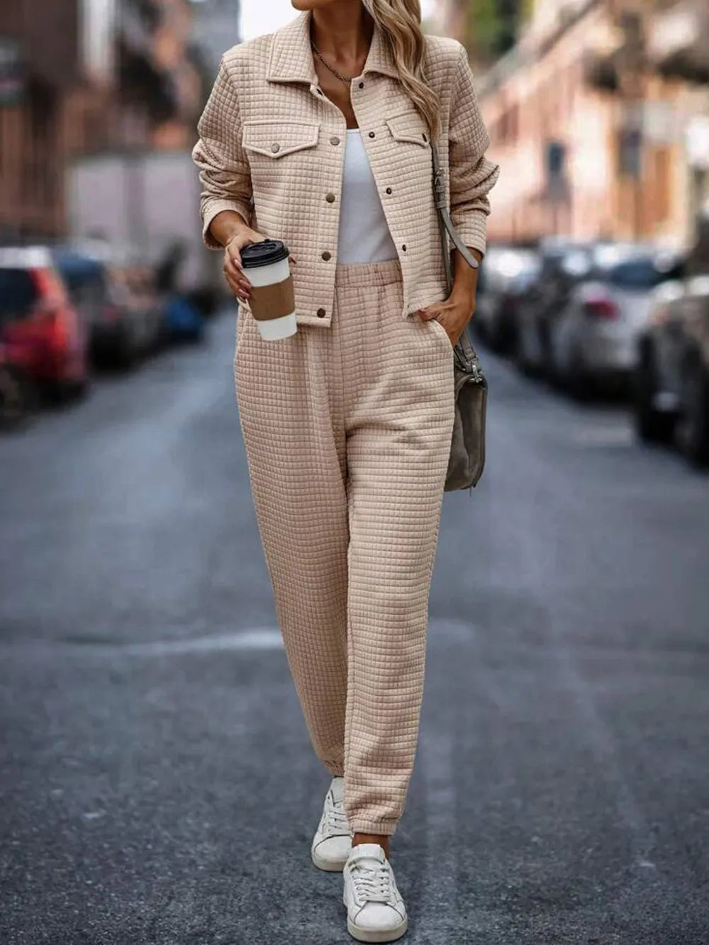 Plaid Texture Snap Down Top and Pants Set-Nordavory