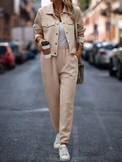 Plaid Texture Snap Down Top and Pants Set-Nordavory