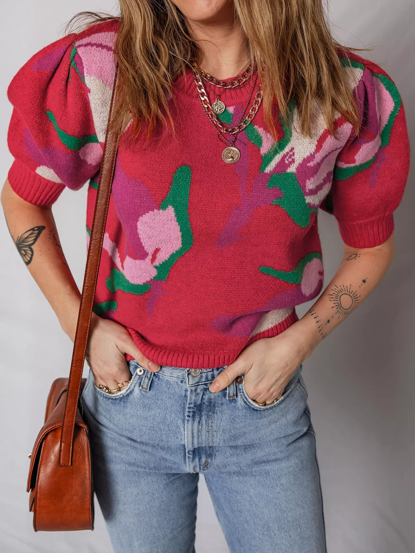 Floral Abstract Print Short Puff Sleeve Sweater-Nordavory