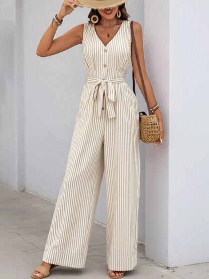 Striped Button-Front Wide Leg Jumpsuit-Nordavory