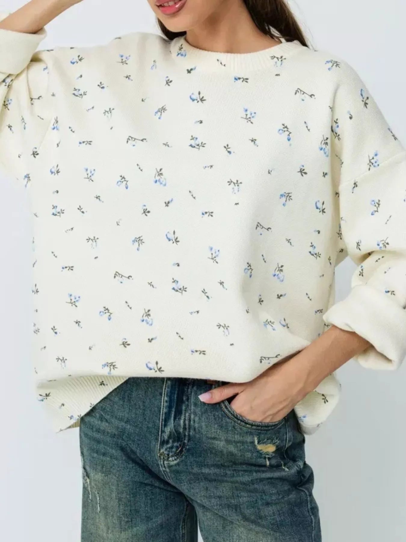 Ribbed Hem Floral Long Sleeve Sweater-Nordavory
