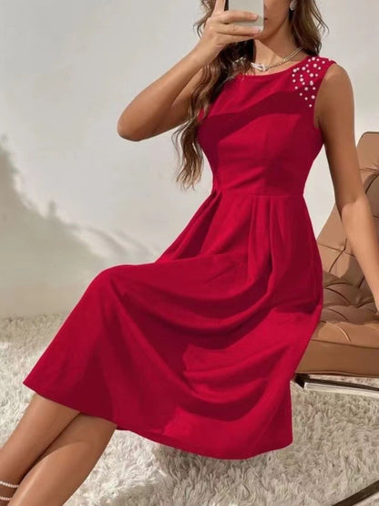 Pearl Detail Sleeveless Midi Dress-Nordavory