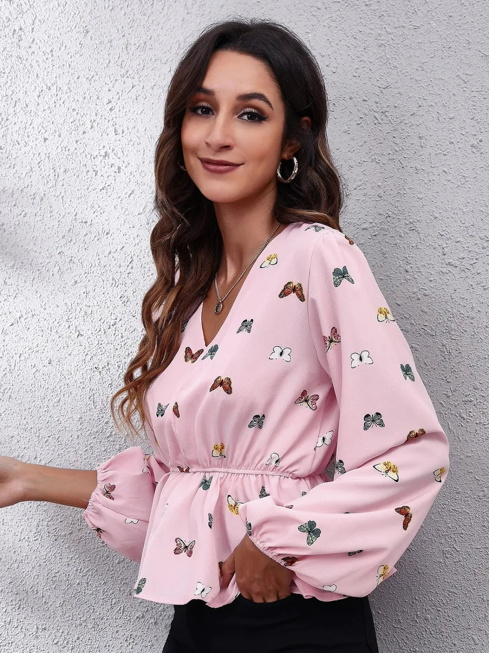 Butterfly V-Neck Balloon Sleeve Peplum Blouse-Nordavory