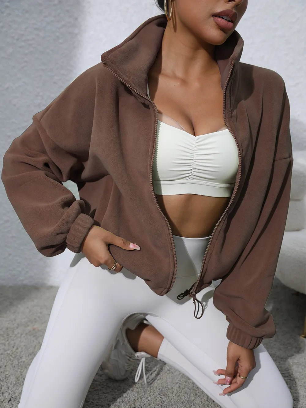 Drawstring Turtleneck Zip Up Long Sleeve Jacket-Nordavory