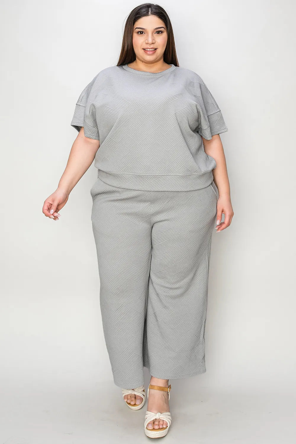 Double Take Full Size Texture Short Sleeve Top and Pants Set-Nordavory