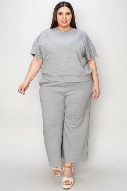 Double Take Full Size Texture Short Sleeve Top and Pants Set-Nordavory