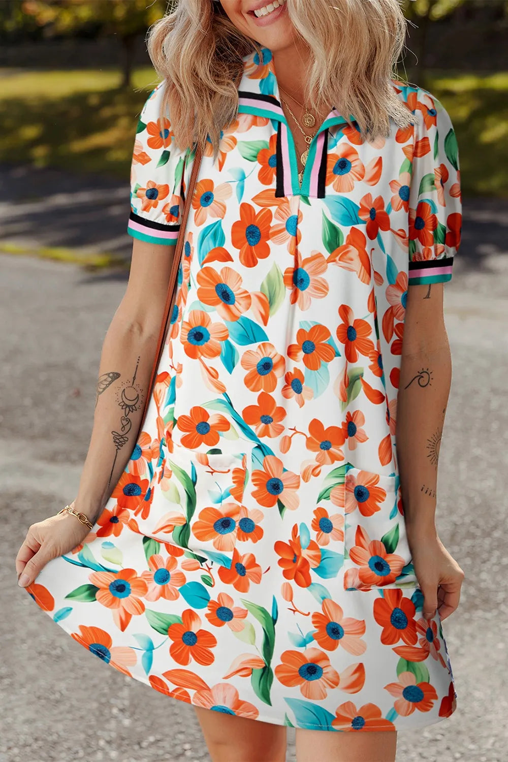 Contrast Trim Floral Split Neck Puff Short Sleeve Tiered Mini Dress-Nordavory