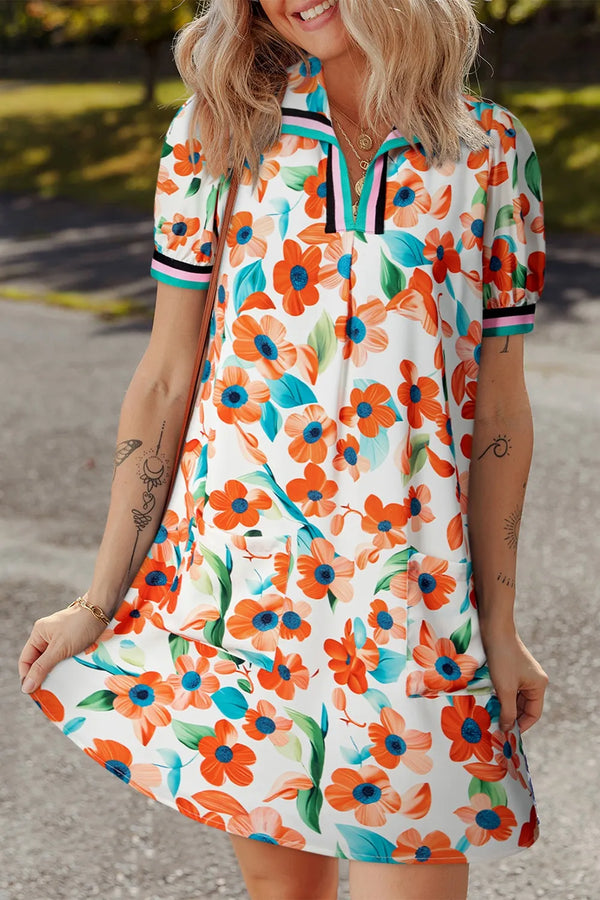 Contrast Trim Floral Split Neck Puff Short Sleeve Tiered Mini Dress-Nordavory