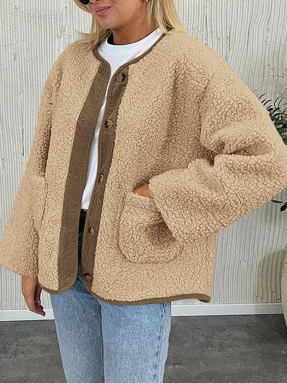 Contrast Button Up Sherpa Jacket with Pockets-Nordavory