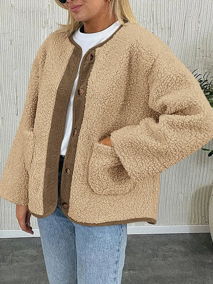 Contrast Button Up Sherpa Jacket with Pockets-Nordavory