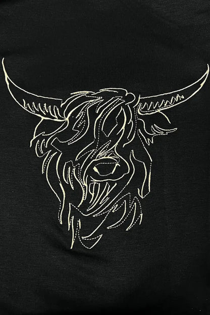 Bull Head Embroidered Round Neck T Shirt-Nordavory