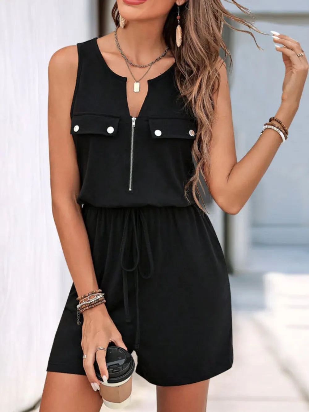 Perfee Drawstring Half Zip Sleeveless Romper-Nordavory