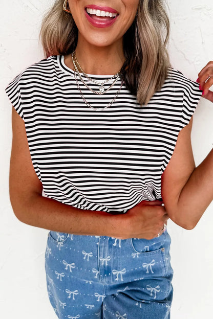 Striped Round Neck Cap Sleeve T-Shirt-Nordavory