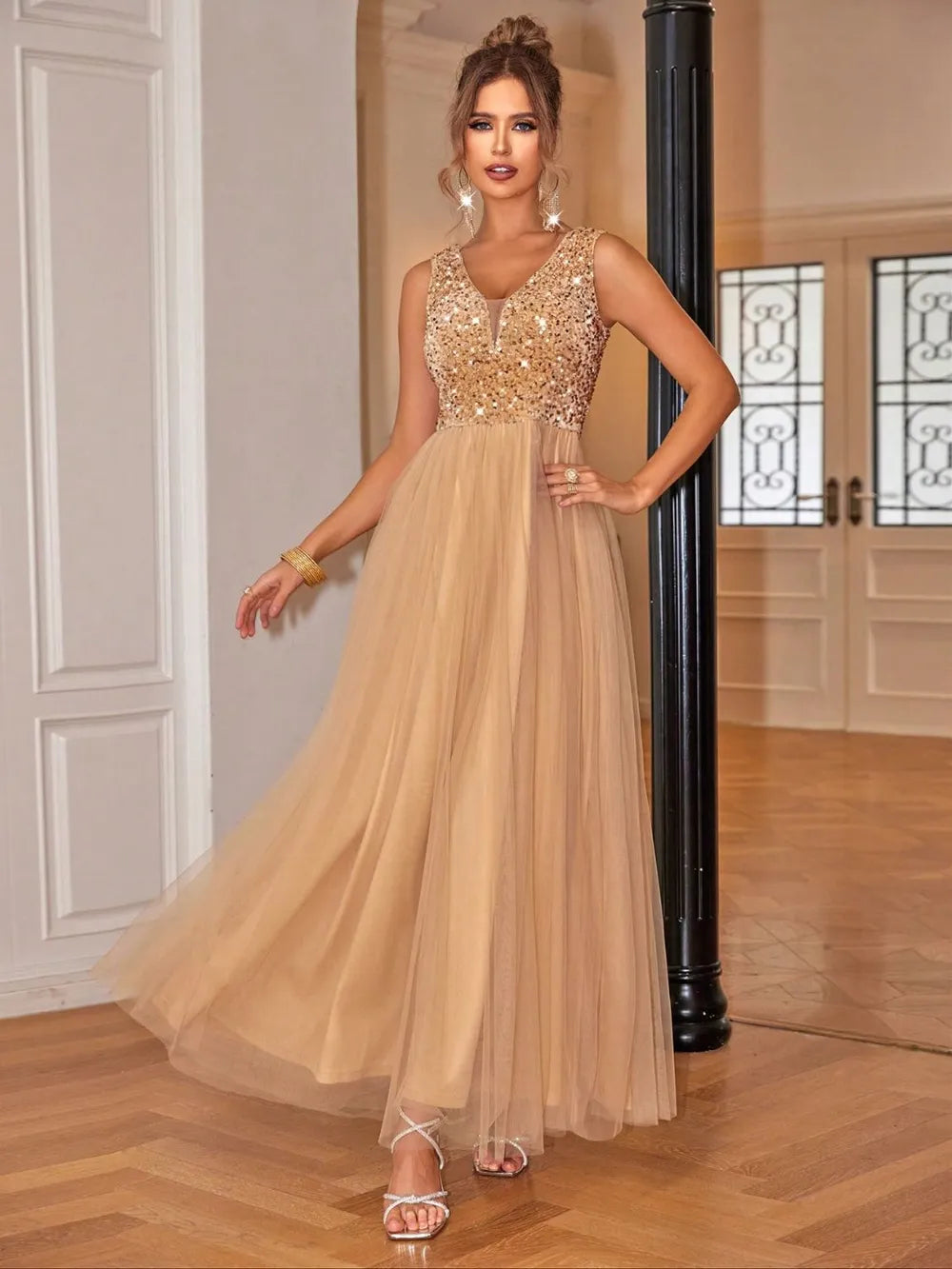 Sequin V-Neck Sleeveless Dress-Nordavory