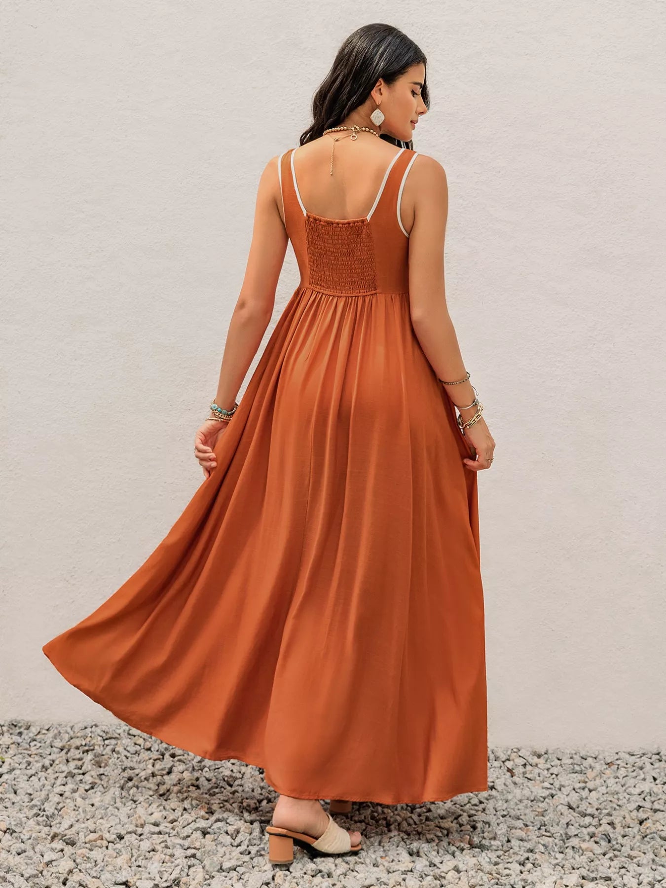 Contrast Trim Lace-Up Maxi Tank Dress-Nordavory