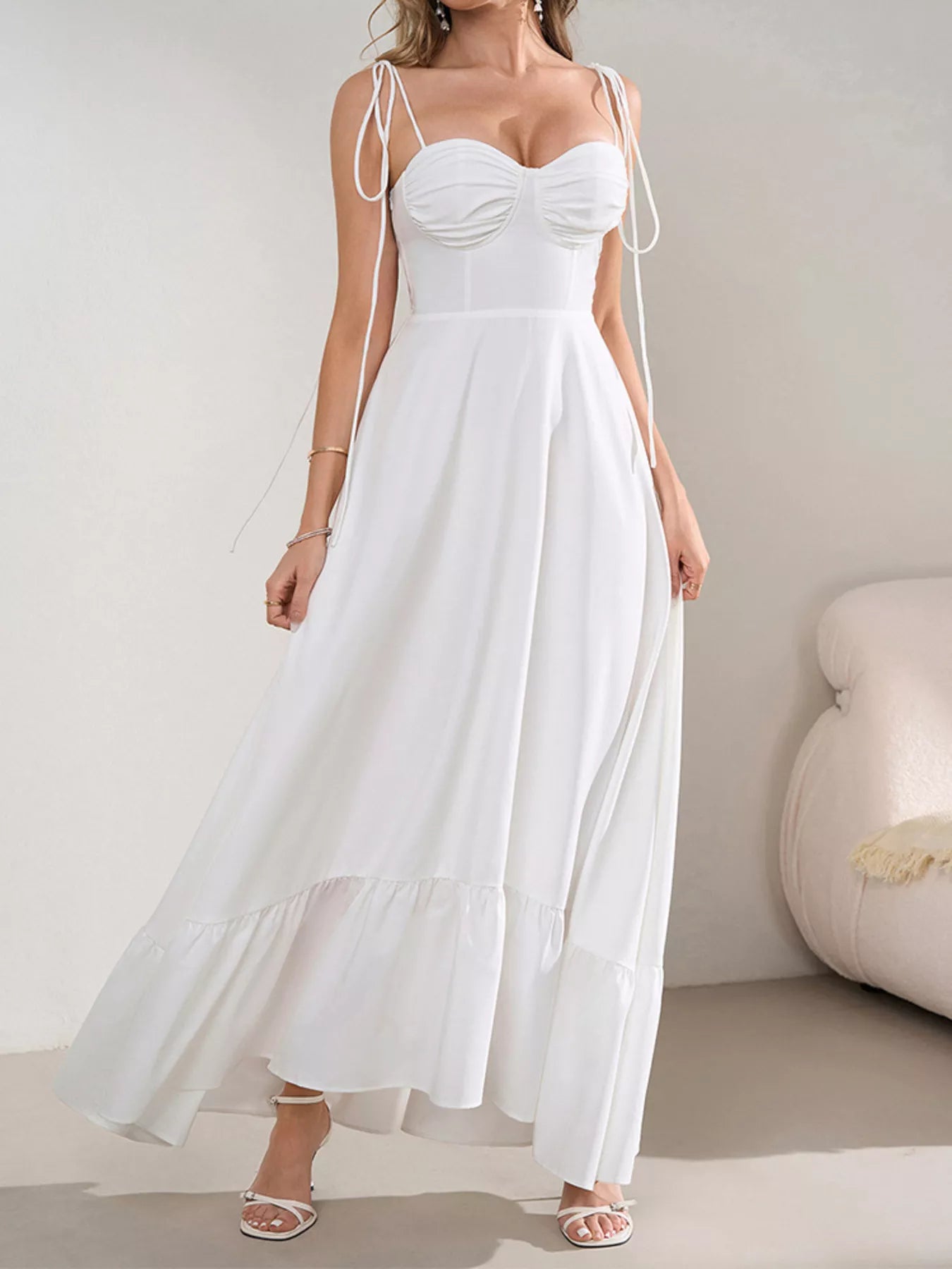 Sweetheart Neck Tie-Strap Ruffle Hem Maxi Dress-Nordavory